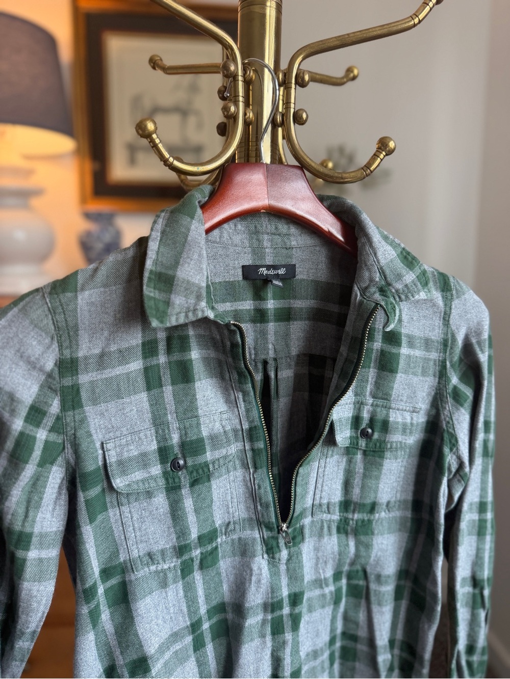 Madewell Green Plaid Half-Zip Flannel Shirt